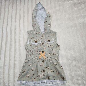 Little Lass Denim Pale Green Floral Hooded Vest Lace 4T